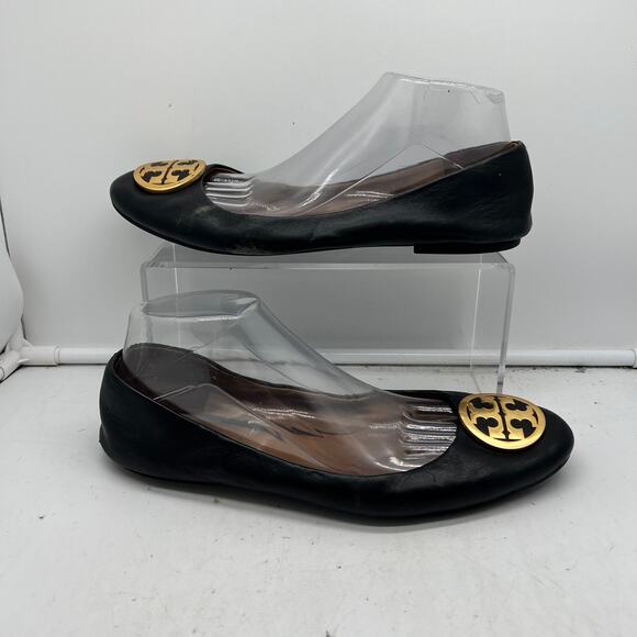Tory Burch Shoes - Tory Burch Shoes Womens 10 Black Leather Ballet Flats Gold Logo